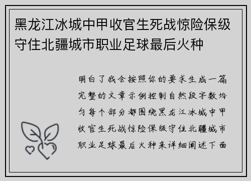 黑龙江冰城中甲收官生死战惊险保级守住北疆城市职业足球最后火种