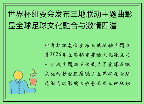世界杯组委会发布三地联动主题曲彰显全球足球文化融合与激情四溢