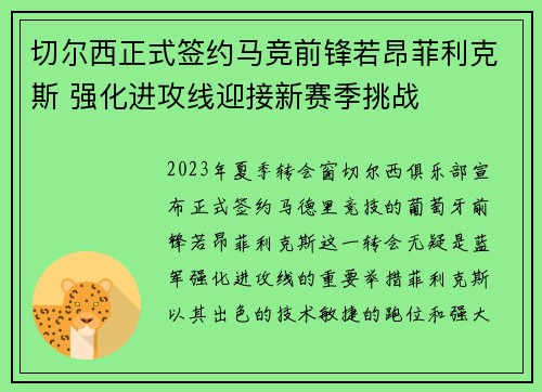 切尔西正式签约马竞前锋若昂菲利克斯 强化进攻线迎接新赛季挑战