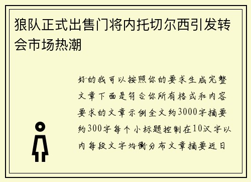 狼队正式出售门将内托切尔西引发转会市场热潮