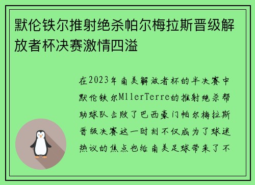 默伦铁尔推射绝杀帕尔梅拉斯晋级解放者杯决赛激情四溢